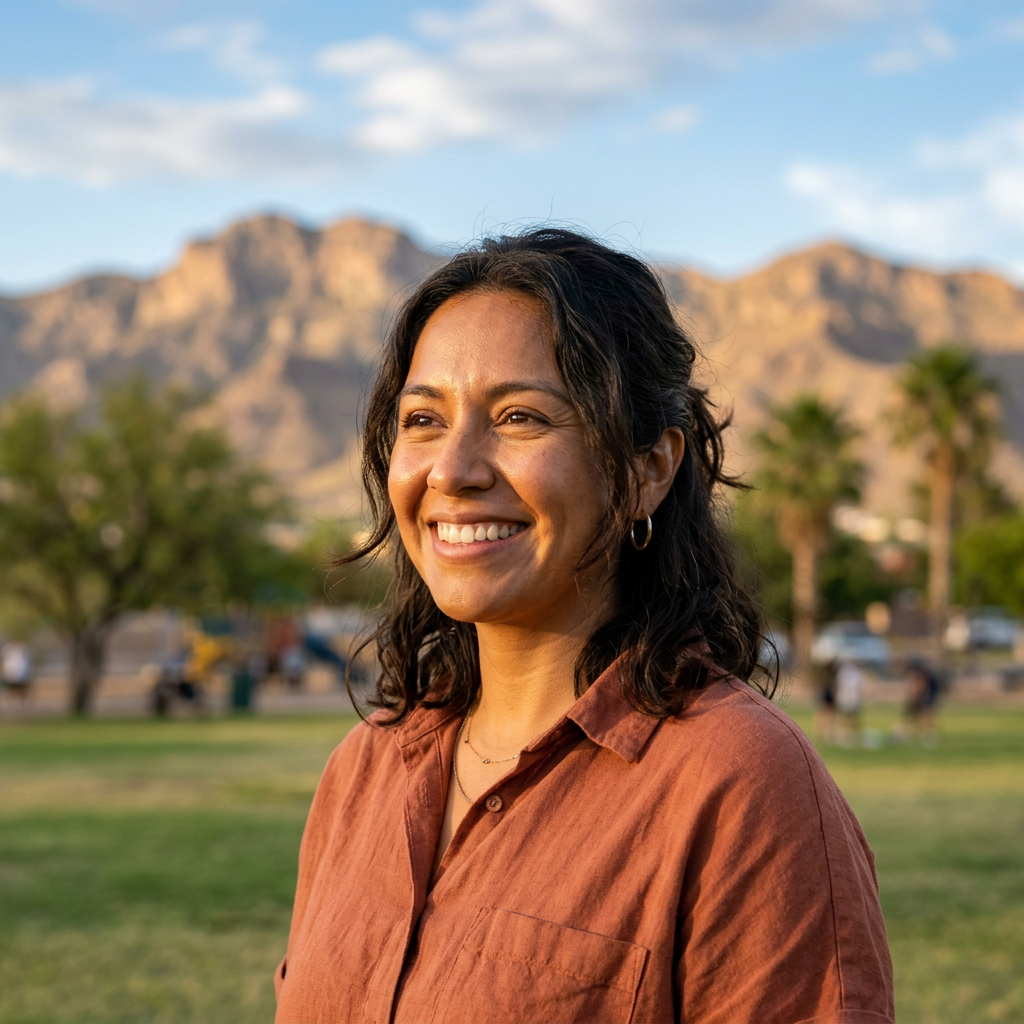Smiling El Paso client outdoors with the Franklin Mountains behind